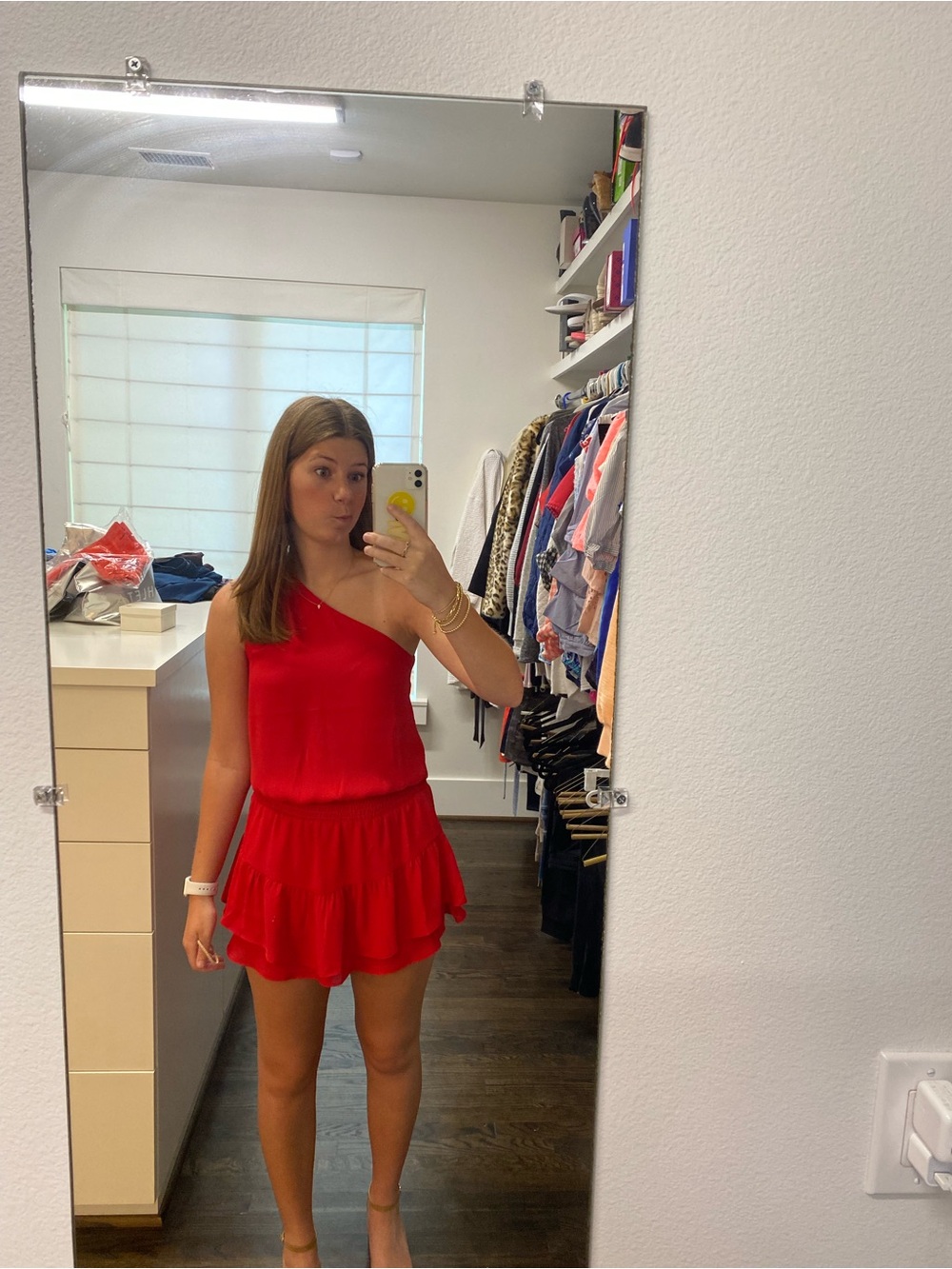 Krisa One-Shoulder Red Ruffle Smocked-Waist Mini Dress